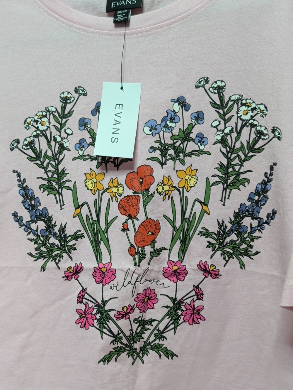 EVans Pink Floral Graphic Tee with Multicolor Wildflower Design